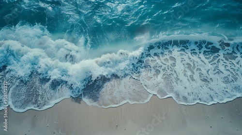 Aerial view of ocean waves crashing on the beach, with white foam and blue water. The camera is looking straight down at an angle from above.  photo