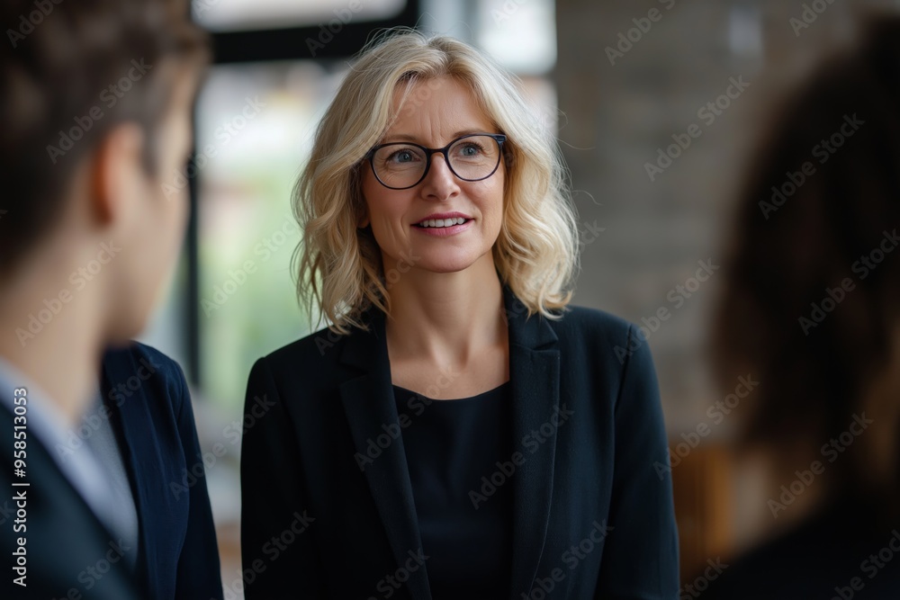 A woman in a black suit is smiling at the camera. She is wearing glasses and she is a professional A woman in a black suit is smiling at the camera. She is wearing glasses and she is a professional