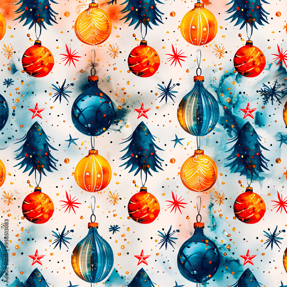 A vibrant pattern featuring Christmas ornaments, trees, and stars, perfect for holiday-themed decor and crafts A vibrant pattern featuring Christmas ornaments, trees, and stars, perfect for holiday-themed decor and crafts
