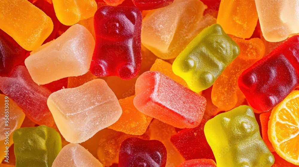 A bunch of gummy bears in various colors, including red, yellow, and orange A bunch of gummy bears in various colors, including red, yellow, and orange