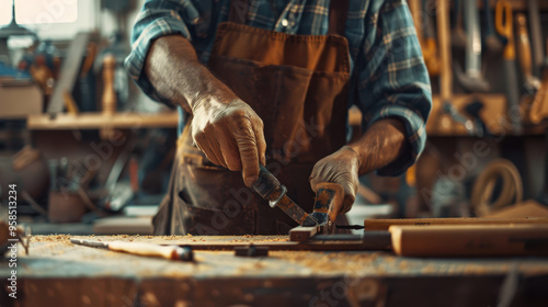 Craftsman Using Hand Drill in Woodworking Shop.