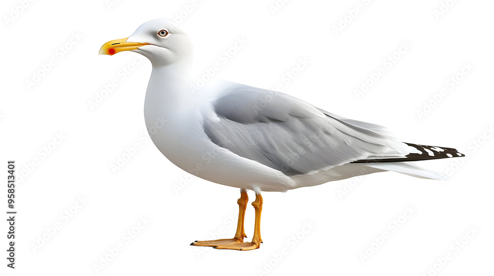 Fototapeta premium Seagull with White and Grey Feathers Standing with a Yellow Beak on a Transparent Background