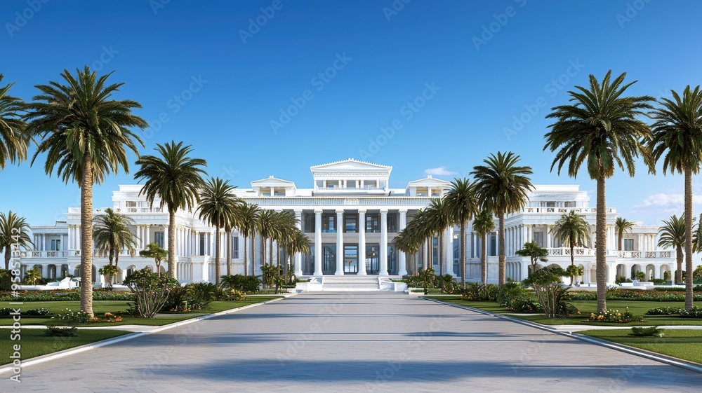 Stunning luxurious mansion with palm trees and elegant architecture under a clear blue sky. A perfect tropical getaway. Stunning luxurious mansion with palm trees and elegant architecture under a clear blue sky. A perfect tropical getaway.