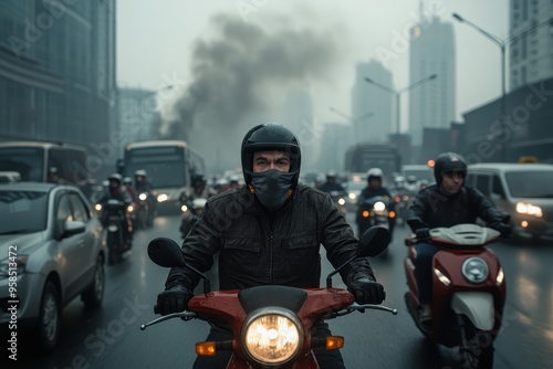 Motorcycle commuters navigate through a congested city with cars all around them under a cloudy and smog-filled sky, representing urban hustle and environmental pollution. photo