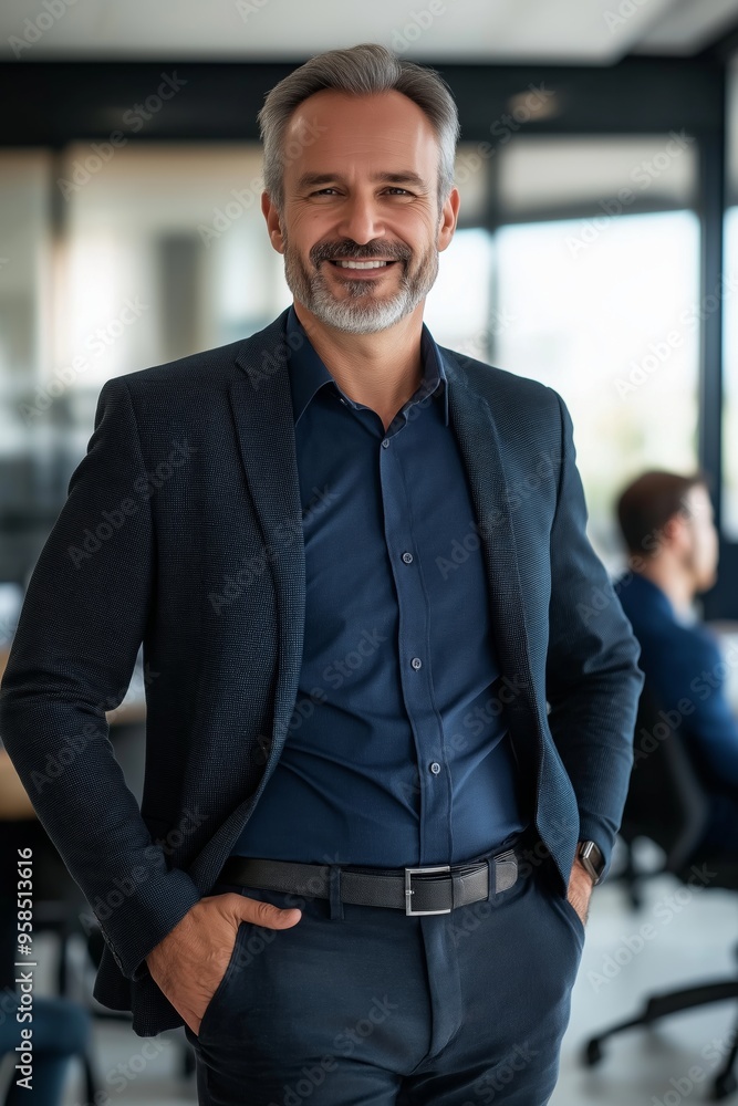 A man in a blue suit with a black belt and a black shirt with a smile on his face A man in a blue suit with a black belt and a black shirt with a smile on his face