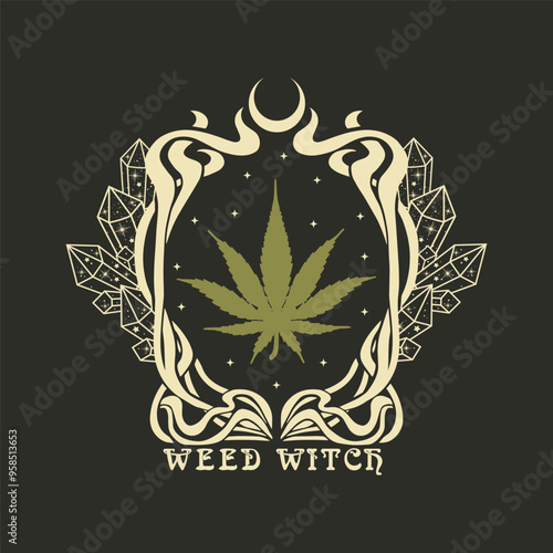 weed withch, women's T-shirt print with cannabis leaf and crystals