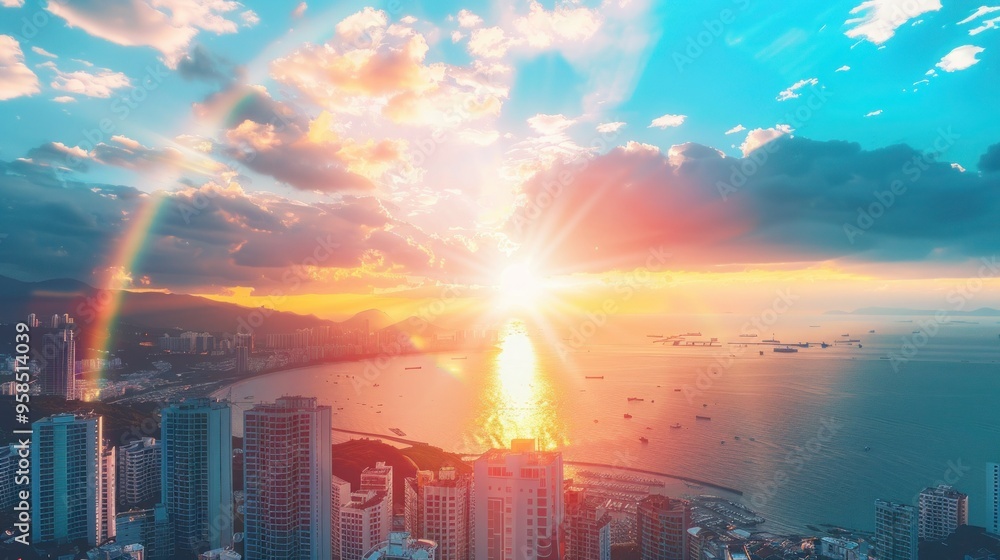 Lots of buildings, beautiful sky, sun, rainbow, sea. Lots of buildings, beautiful sky, sun, rainbow, sea.