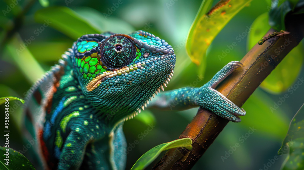 Close-up of Colorful Chameleon in Jungle. Close-up of Colorful Chameleon in Jungle.
