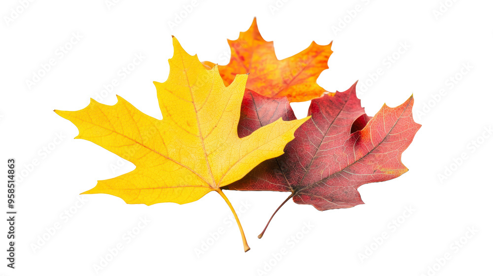 Three vibrant autumn leaves in yellow, orange, and red hues are arranged against a plain white background, showcasing the beauty of fall foliage. Three vibrant autumn leaves in yellow, orange, and red hues are arranged against a plain white background, showcasing the beauty of fall foliage.