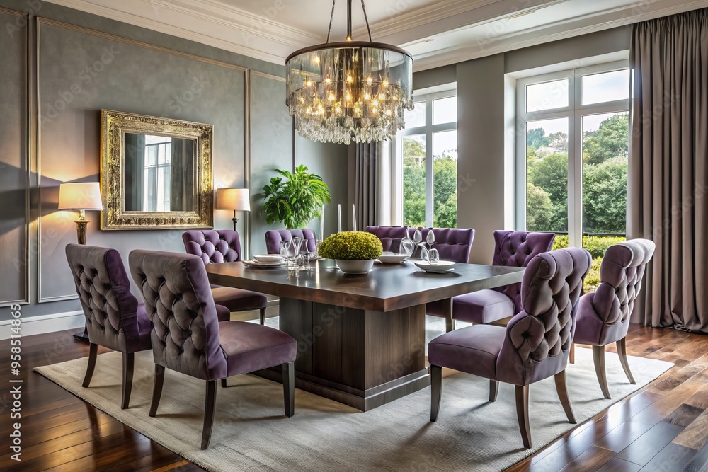 Fototapeta premium In this elegant dining room, a sleek square table is surrounded by rich tufted velvet chairs and a