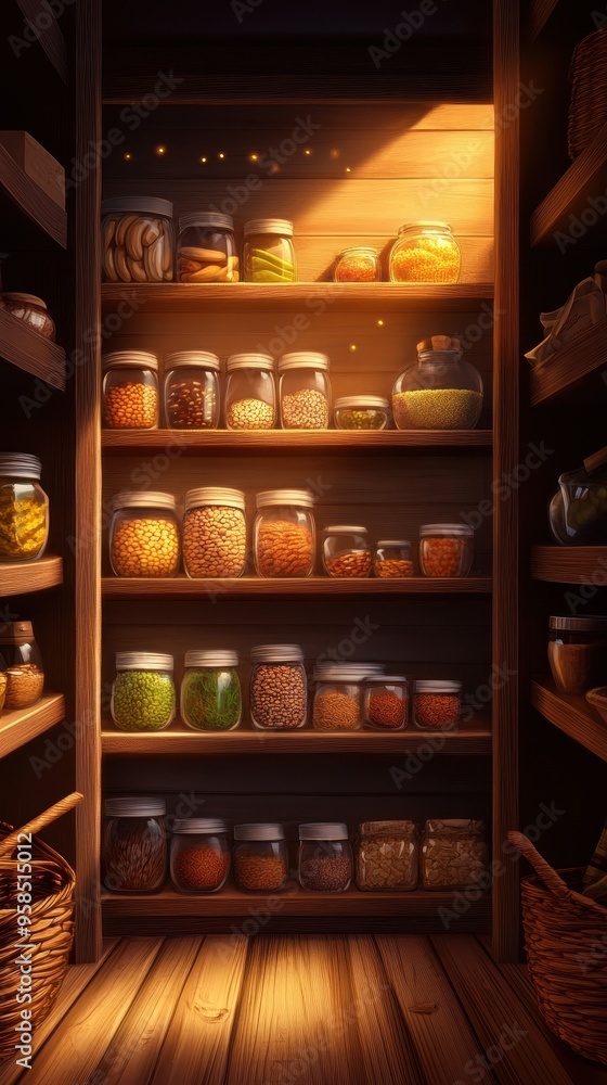 A cozy pantry filled with jars of preserves, spices, and ingredients, showcasing a warm atmosphere and rustic wooden shelves. A cozy pantry filled with jars of preserves, spices, and ingredients, showcasing a warm atmosphere and rustic wooden shelves.