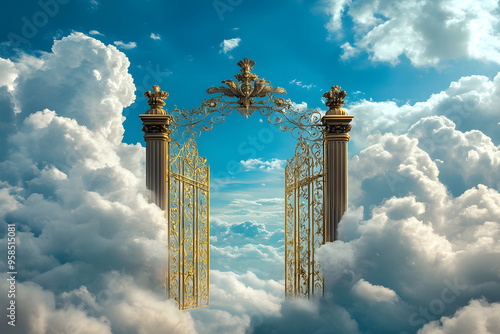 Celestial Majesty: Golden Gate in Fluffy White Clouds photo