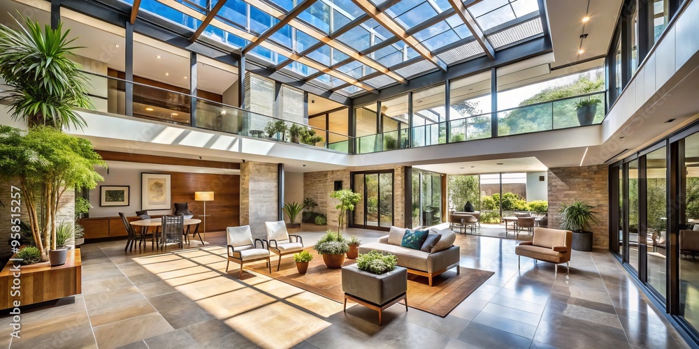 In this marvelous restoration project, a spacious atrium brings abundant natural light into the home, juxtaposed with In this marvelous restoration project, a spacious atrium brings abundant natural light into the home, juxtaposed with