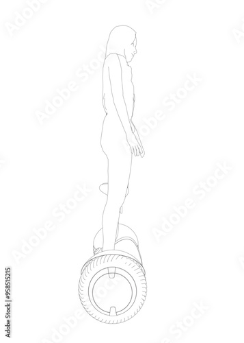 Outline of a girl standing on a segway made of black lines isolated on a white background. Girl riding a segway. Side view. Vector illustration.