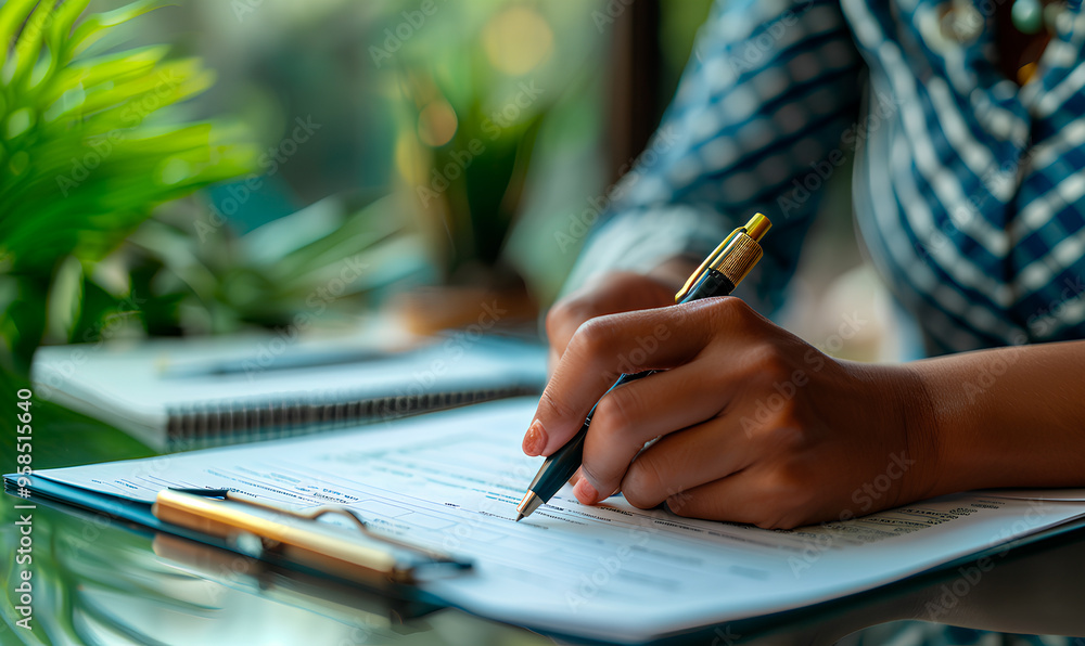Writing notes at a table, surrounded by greenery, with a notebook and pen in bright sunlight streaming through the window Writing notes at a table, surrounded by greenery, with a notebook and pen in bright sunlight streaming through the window