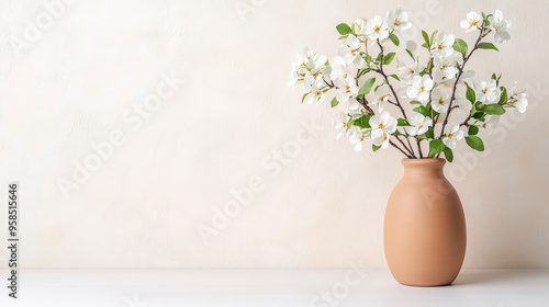 Wallpaper Mural A simple brown vase with delicate white flowers against a minimalist beige background, exuding elegance and tranquility in a serene setting. Torontodigital.ca