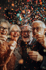 a group of mature senior friends have new year party with confetti