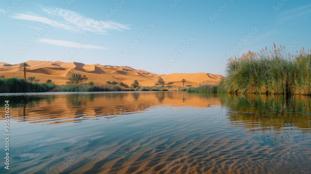 Desert Oasis with Palm Trees and Reflective Water Desert Oasis with Palm Trees and Reflective Water