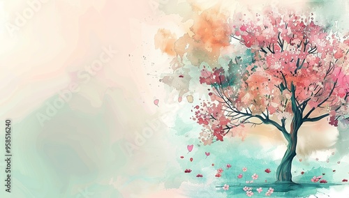 Watercolor painting of a tree with pink leaves and falling foliage