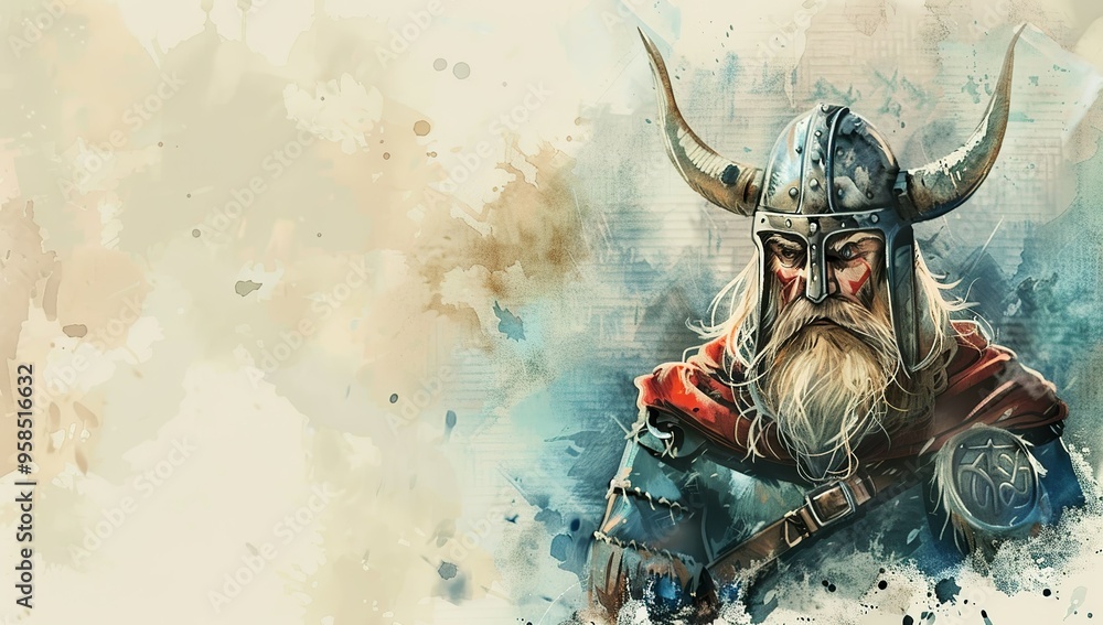 Fototapeta premium Watercolor painting of a Viking warrior holding an axe in battle