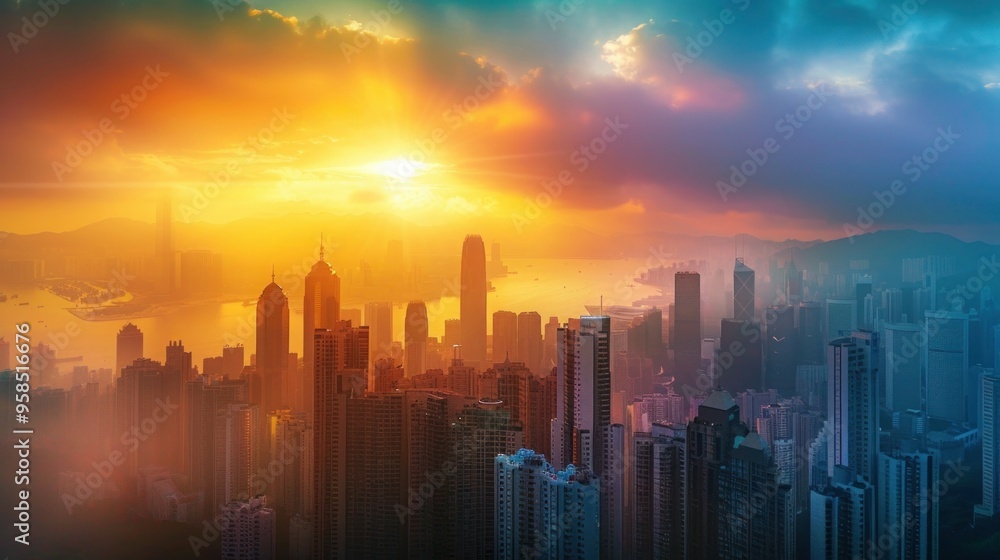 Fototapeta premium Lots of buildings, beautiful sky, sun, rainbow, sea.