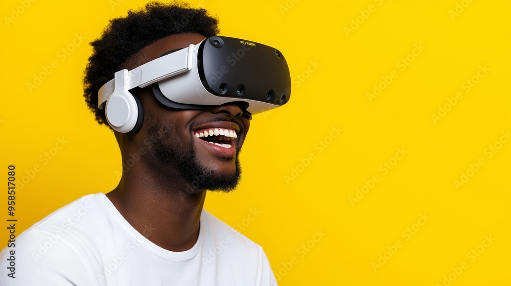 A man wearing a white shirt and black hair is smiling while wearing a virtual reality headset. Concept of excitement and enjoyment as the man experiences the virtual world A man wearing a white shirt and black hair is smiling while wearing a virtual reality headset. Concept of excitement and enjoyment as the man experiences the virtual world
