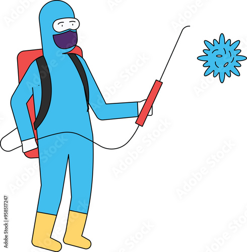 The boy is in protection suit.