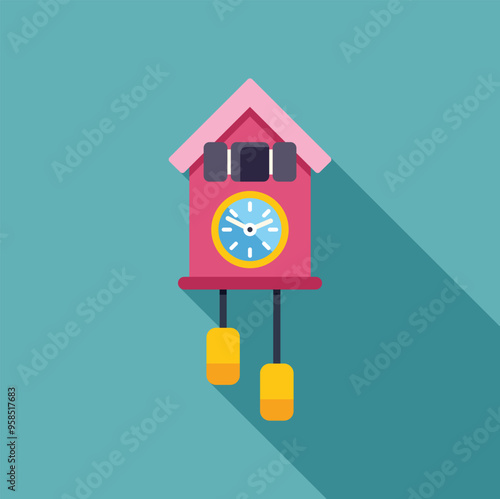 Pink cuckoo clock with swinging pendulum telling time on a green background