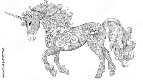 Zen Unicorn A hand-drawn, zen-tangle style unicorn, intended for coloring and relaxation, in vector format. photo