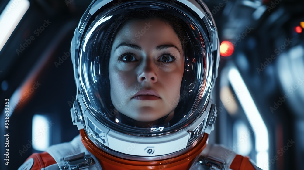 Woman in Astronaut Suit Inside Spacecraft Exploring Frontiers Woman in Astronaut Suit Inside Spacecraft Exploring Frontiers