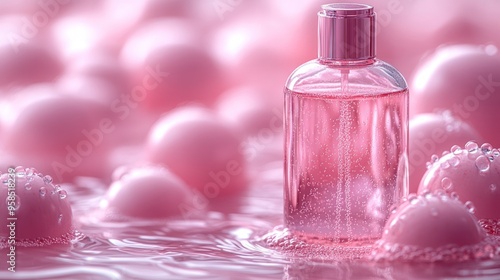 Pink Perfume Bottle Surrounded by Bubbles