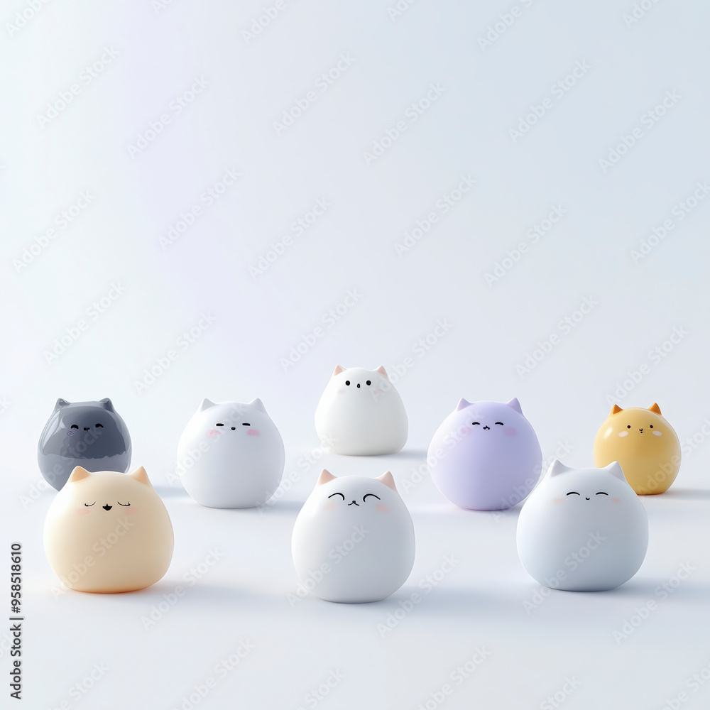 A collection of cute, spherical cat figurines in various pastel colors with different facial expressions, displayed against a plain white background. A collection of cute, spherical cat figurines in various pastel colors with different facial expressions, displayed against a plain white background.