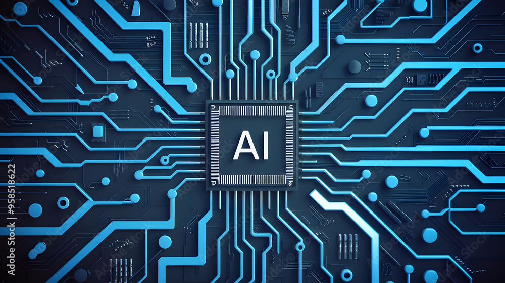 The Heart of Future Technologies Visualized Through a Circuit Board. Glowing blue ai chipset. AI chip on a circuit board. The Heart of Future Technologies Visualized Through a Circuit Board. Glowing blue ai chipset. AI chip on a circuit board.