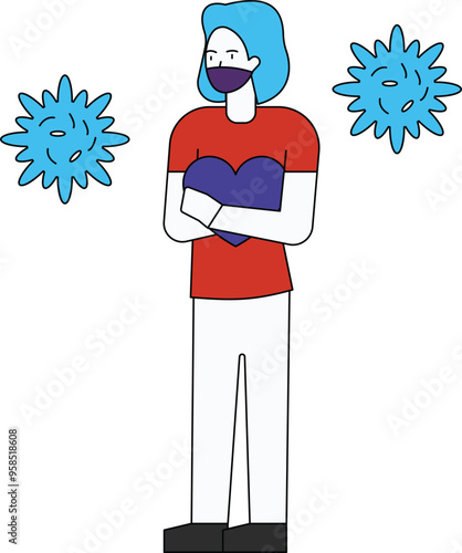 The girl is standing and wearing mask.