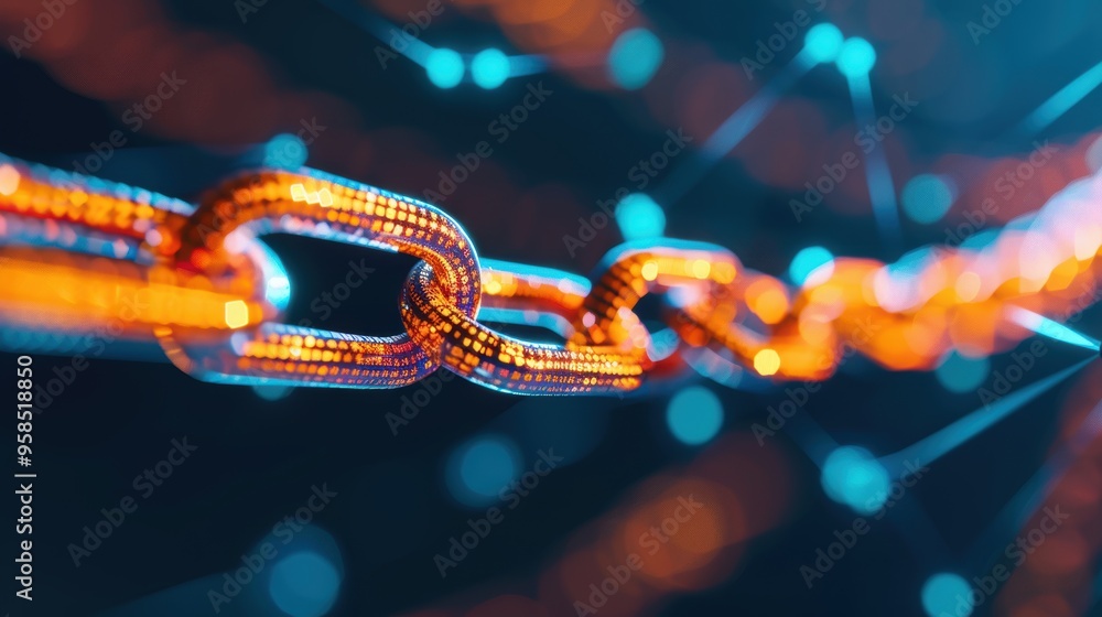 A symbolic representation of blockchain's role in revolutionizing supply chain logistics, featuring interconnected digital chains and secure data nodes. A symbolic representation of blockchain's role in revolutionizing supply chain logistics, featuring interconnected digital chains and secure data nodes.