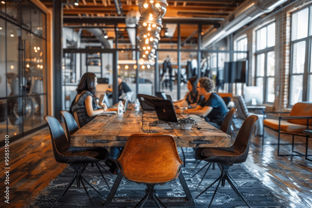 Modern Coworking Space With Young Professionals Collaborating Around Wooden Table Modern Coworking Space With Young Professionals Collaborating Around Wooden Table