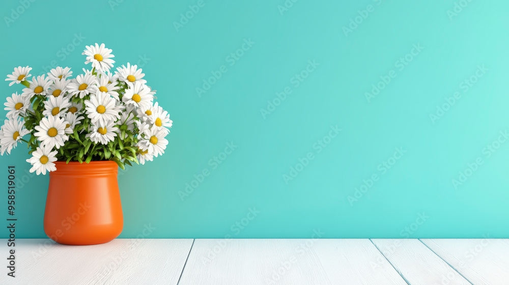 A bouquet of white daisies in an orange vase sits on a white wooden surface against a teal background. A bouquet of white daisies in an orange vase sits on a white wooden surface against a teal background.