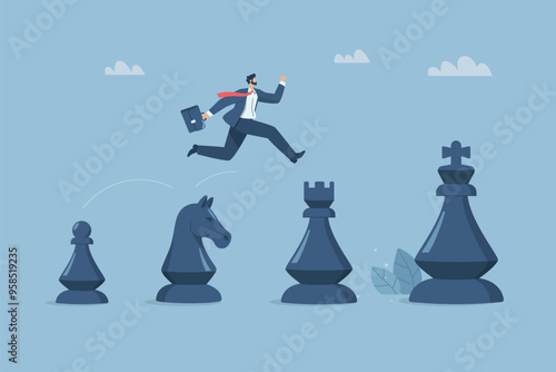 A systematic step by step movement, Strategic confidence in a business challenge, Businessman leaping over chess pieces one step at a time to grow or succeed in his business. Vector illustration.