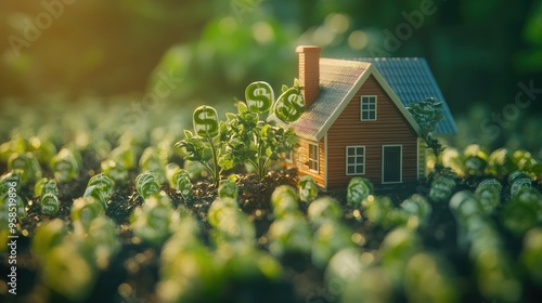 A serene garden with a small house and dollar signs sprouting like plants, representing how passive income and frugal living lead to financial freedom. photo