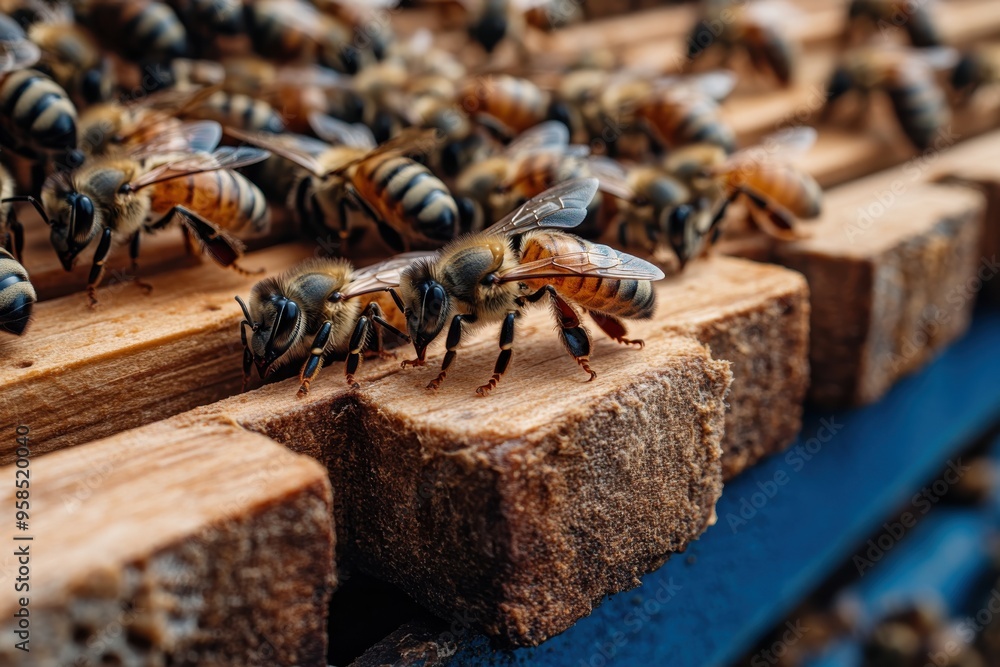 An up-close shot of bees, busy at work within their hive, creating honey on a wooden frame, demonstrating the ceaseless industriousness and cooperation among the colony members. An up-close shot of bees, busy at work within their hive, creating honey on a wooden frame, demonstrating the ceaseless industriousness and cooperation among the colony members.