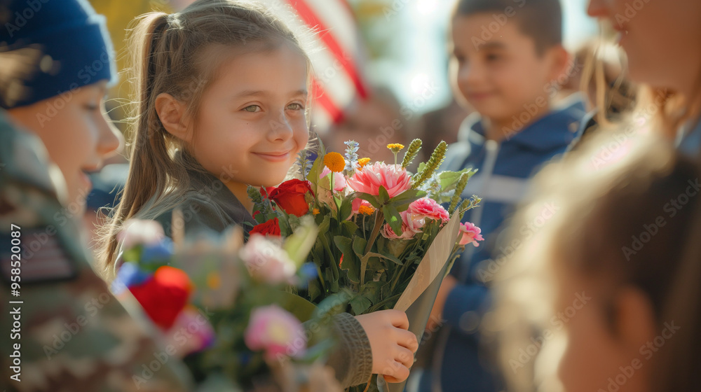 Young children giving flowers to veterans during a Veterans Day event, smiles and handshakes exchanged Young children giving flowers to veterans during a Veterans Day event, smiles and handshakes exchanged
