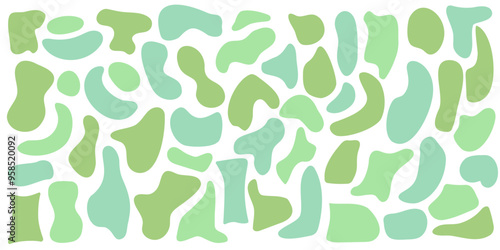 Set of organic irregular green blob shapes. Random deform spot fluid circle Isolated on white background. Organic amoeba Doodle drops Retro vector elements. Abstract rounded forms Vector illustration