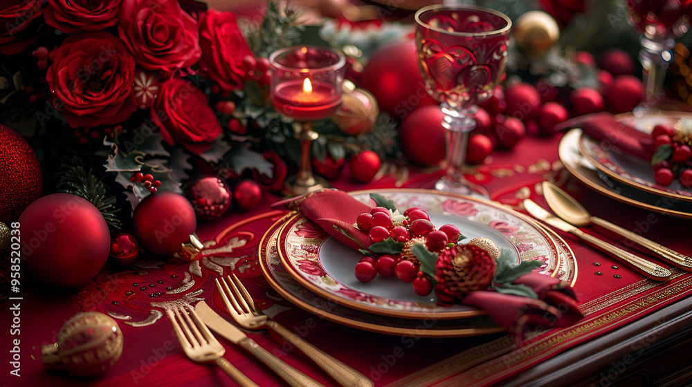 The table is covered with a red tablecloth and is decorated with red and gold ornaments and greenery. The table is covered with a red tablecloth and is decorated with red and gold ornaments and greenery.