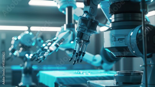 A close-up of advanced robotic arms in a modern laboratory setting, showcasing technology and innovation in automation.