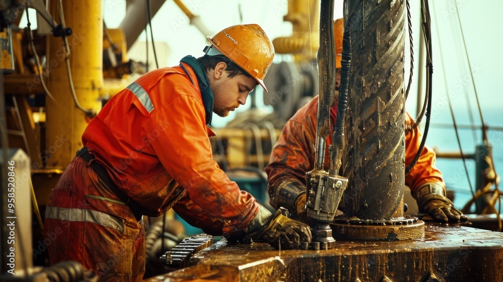 Two men are diligently working on an oil rig despite the rain pouring down Two men are diligently working on an oil rig despite the rain pouring down