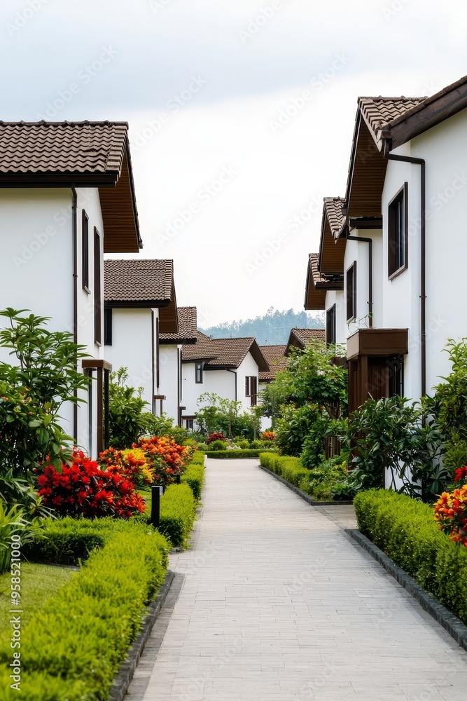 Row of beautifully designed houses with lush gardens, emphasizing community living and contemporary residential architecture Row of beautifully designed houses with lush gardens, emphasizing community living and contemporary residential architecture