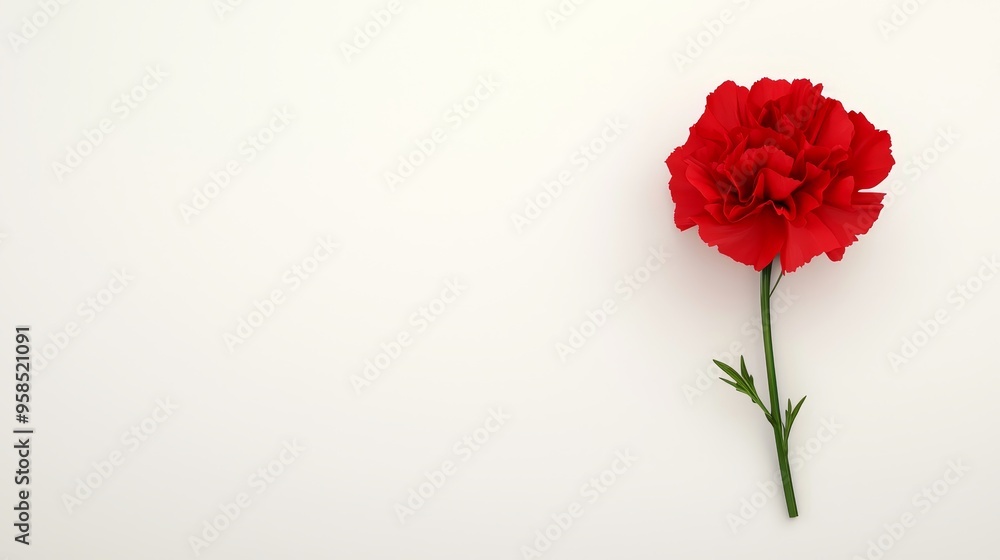Single red carnation on white background, elegant simplicity, 3D illustration Single red carnation on white background, elegant simplicity, 3D illustration