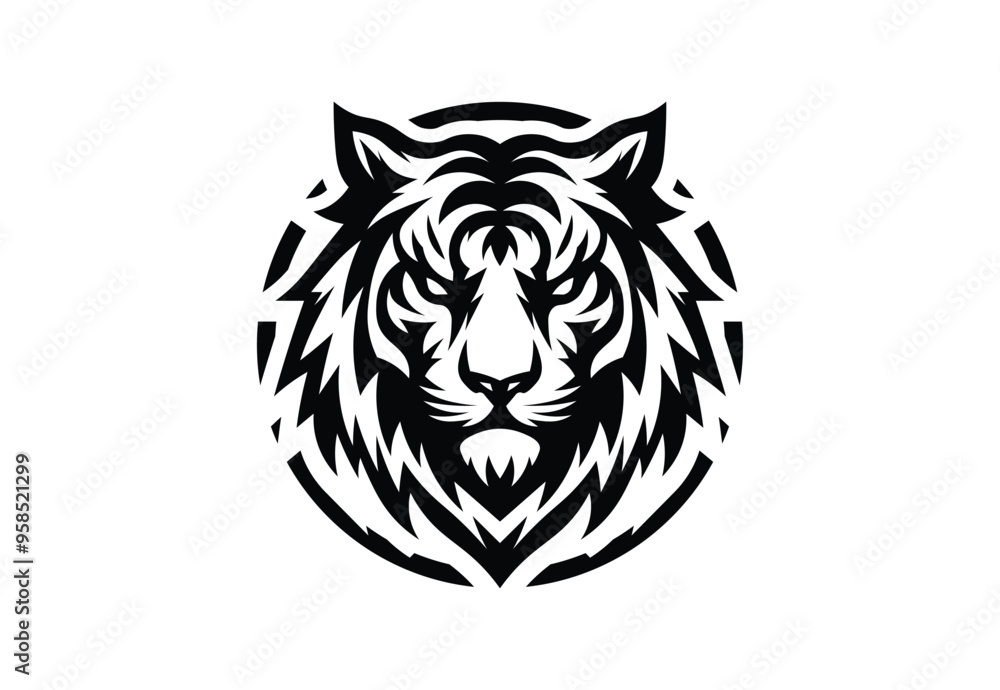Majestic Tiger Head Logo in Circle - Monochrome Tribal Design Majestic Tiger Head Logo in Circle - Monochrome Tribal Design