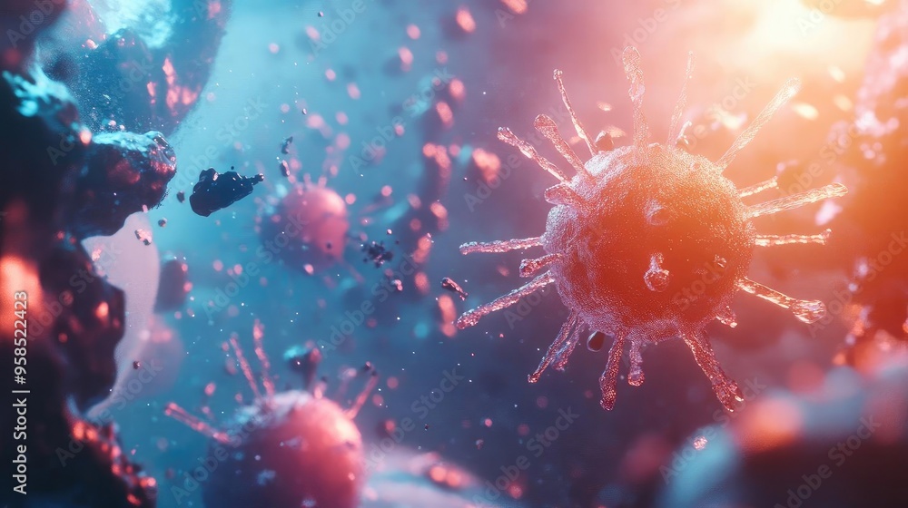 Abstract representation of a virus in vibrant colors showcasing intricate details and a dynamic background. Abstract representation of a virus in vibrant colors showcasing intricate details and a dynamic background.