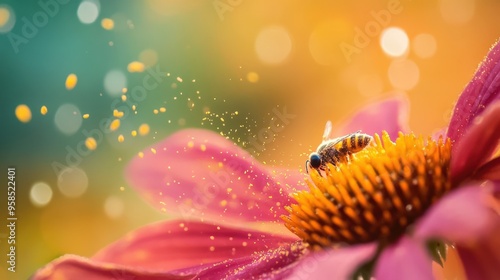 Close-up of pollen grains being transferred from one flower to another, showcasing the delicate process of pollination, with vibrant colors in a natural setting photo